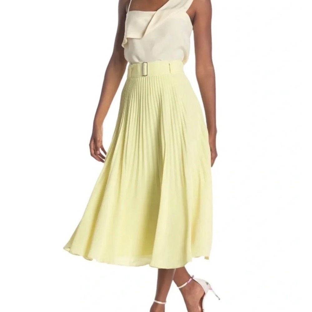 Club Monaco Women Pale Yellow Pleated Belted Midi Skirt Size 12 Accordion A-Line